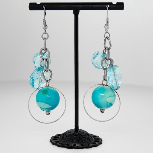 VTG Turquoise Color Blue Bead & Silver Tone Multi-Layered Dangle Earrings Boho - Picture 2 of 5